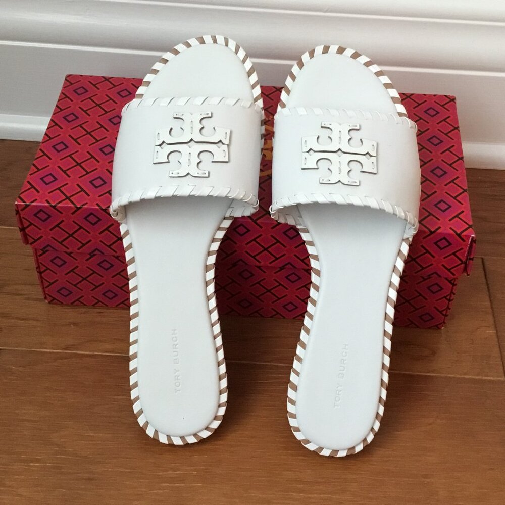 NWT - Brand New Tory Burch Everly Slides, Optic White, Whip-stitching